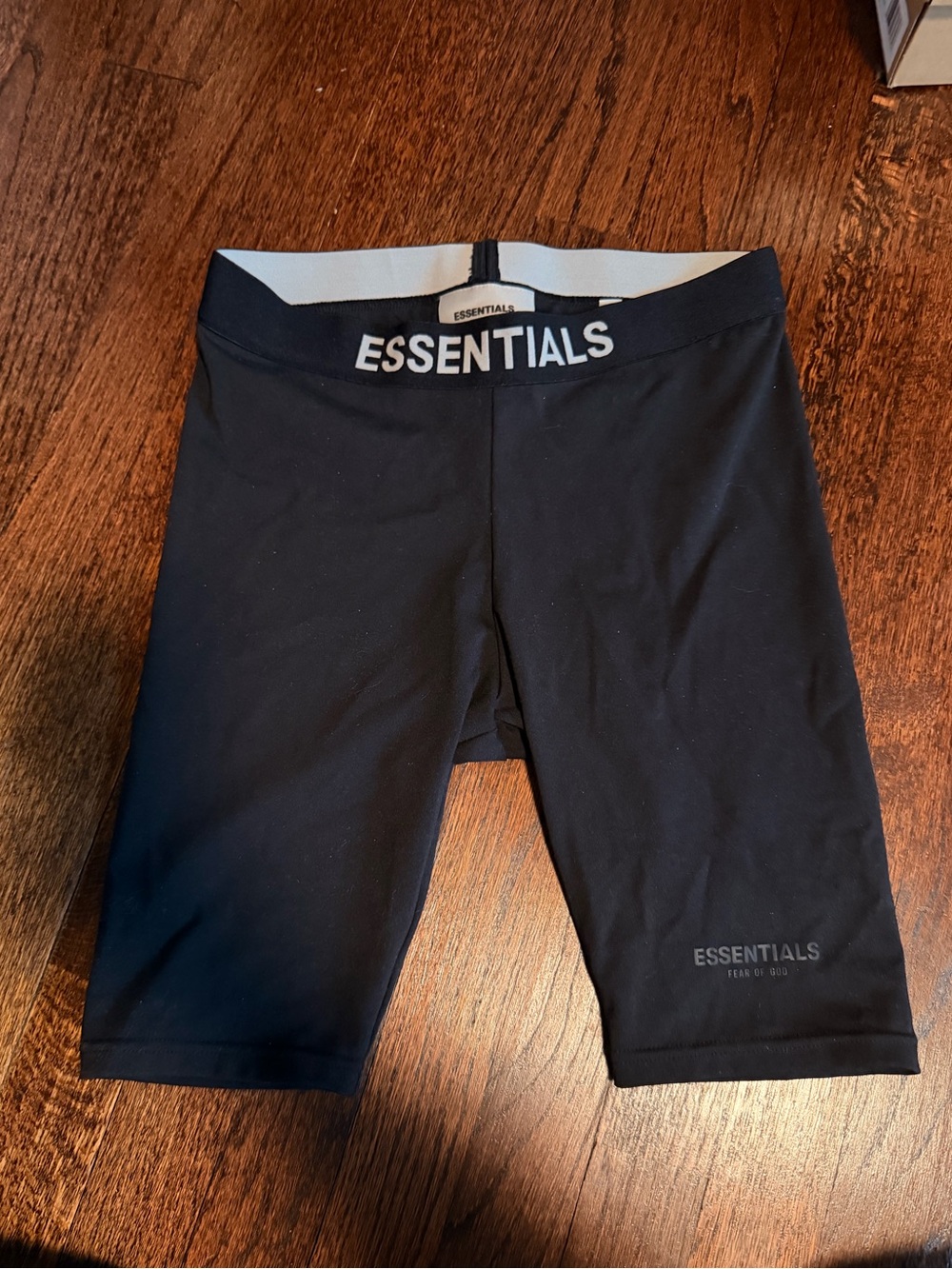 ESSENTIALS Black Mid-Length Bike Shorts with Branded Waistband